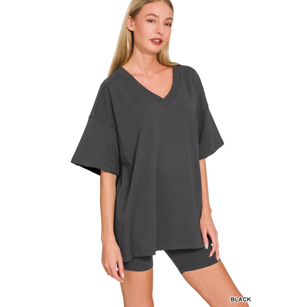 NEW Zenana Small Black Cotton V-Neck Oversized Biker Shorts Set CTCP-3362D4